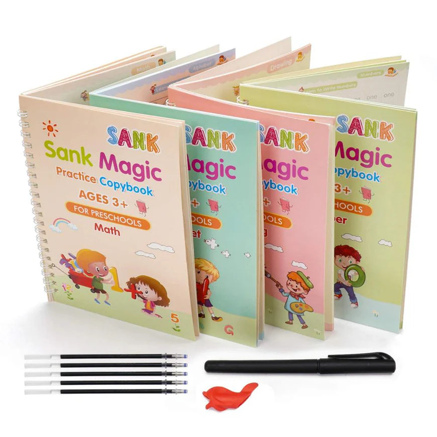 Sank Magic Practice Book Set for Preschoolers | Set of 4 Reusable Books | Includes 10 Refills, 1 Pen & 1 Grip (Age 2-6)