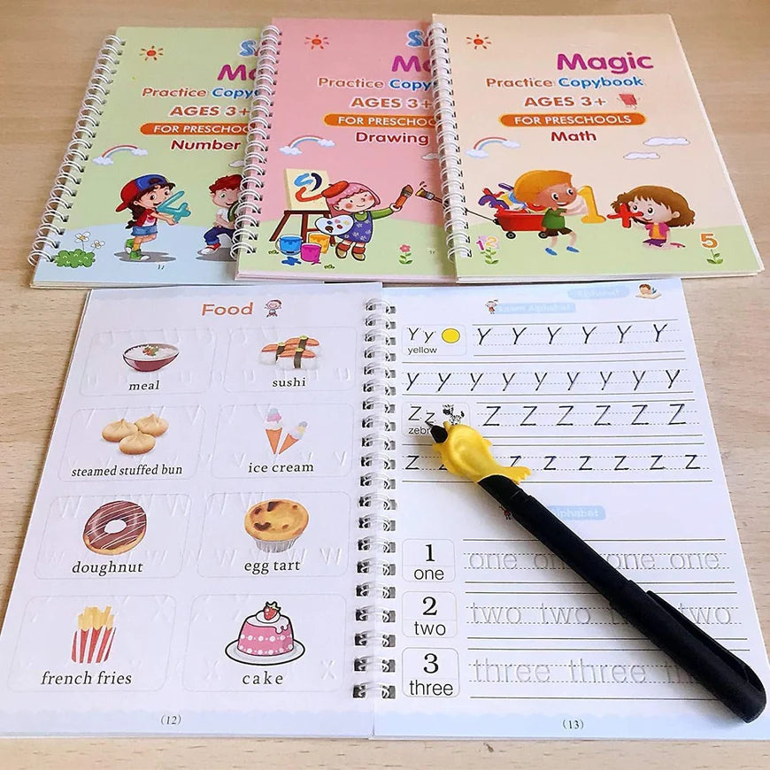 Sank Magic Practice Book Set for Preschoolers | Set of 4 Reusable Books | Includes 10 Refills, 1 Pen & 1 Grip (Age 2-6)